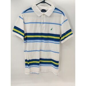 Nautica Mens Striped Short Sleeve‎ Polo Shirt White Blue Green Yellow Large